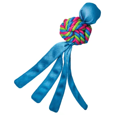 Spielzeug aus geflochtenem Seil in Blau, Grün und Pink mit langen blauen Stoffbändern.