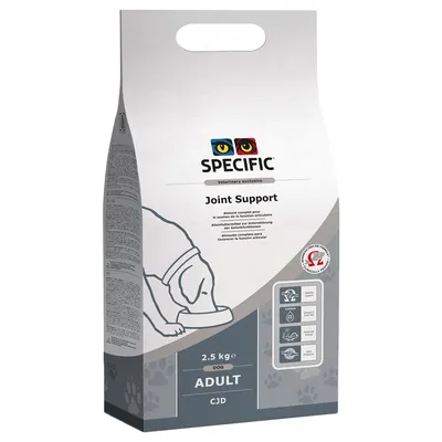 SPECIFIC Joint Support, 2,5 kg, DOG ADULT CJD. Verpakking met illustratie van hond en pictogrammen. Zichtbare tekst: Veterinary exclusive.