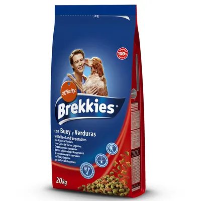 Пакет храна за кучета affinity Brekkies con Buey y Verduras, 20 кг. Видими гранули и текст: с говеждо и зеленчуци, 100% балансирано, информация на няколко езика.