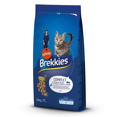 affinity Brekkies COMPLÉT kissanruoka, 15 kg pakkaus. Teksti espanjaksi: 'Selección de aves y pescados, verduras y cereales'. Kuvassa kissa ja viljan sekä vihannesten kuvia.