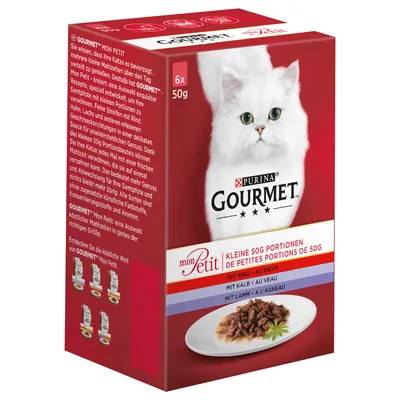 PURINA GOURMET mon Petit kattefoder, 6 x 50 g portioner. Tekst: mit Rind, mit Kalb, mit Lamm. Billede af hvid kat og tallerken med foder på rød baggrund.