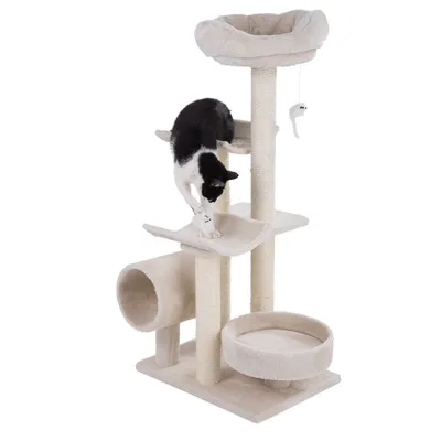 Beige scratching post with multiple levels, cave, resting areas and toy. Black and white cat playing on one of the platforms.