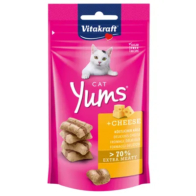 Vitakraft Cat Yums + Cheese, brânză delicioasă, peste 70% extra cărnos, rețetă fără zahăr.
