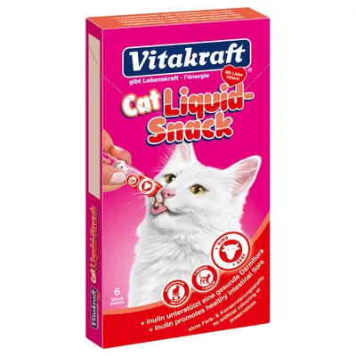 Vitakraft Cat Liquid-Snack, 6 stycken. Bild visar hand som matar vit katt med flytande snacks från tub. Text: inulin främjar hälsosam tarmflora, utan konstgjorda färgämnen och konserveringsmedel.