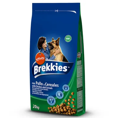 Сухой корм для собак affinity Brekkies con Pollo y Cereales, 20 кг. На упаковке изображены женщина и овчарка. Видны гранулы корма и надпись: with Chicken and Cereals.