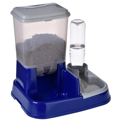 Distributeur automatique bleu et gris avec réservoir de croquettes transparent à gauche et bouteille d’eau retournée à droite, deux compartiments pour nourriture et eau visibles.