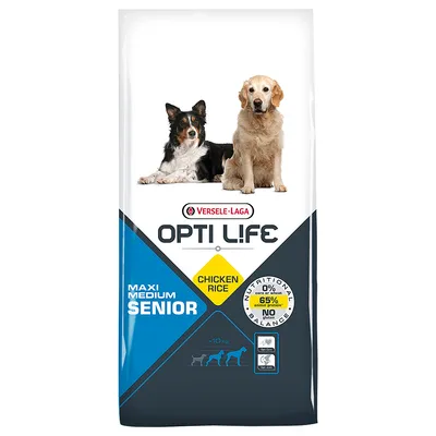 Συσκευασία Versele-Laga Opti Life Maxi Medium Senior, Chicken Rice, 65% animal protein, 0% corn or wheat, για σκύλους άνω των 10 κιλών. Εμφανίζονται δύο σκύλοι στη συσκευασία.