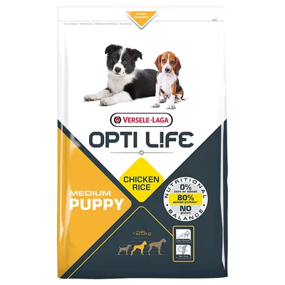 Versele-Laga Opti Life Medium Puppy, Chicken Rice, 80% animal protein, без глутен, за кучета до 25 кг. Видими са две кучета и информация за хранителен баланс.