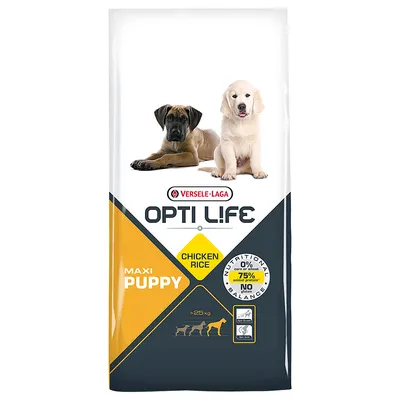 Συσκευασία Versele-Laga Opti Life Maxi Puppy Chicken Rice, 75% ζωική πρωτεΐνη, χωρίς σιτάρι, για σκύλους >25 κιλά. Εμφανίζονται δύο κουτάβια και βασικές διατροφικές πληροφορίες.