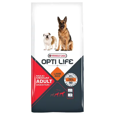 Συσκευασία Versele-Laga Opti Life Maxi Medium Adult Digestion Lamb Rice, 0% καλαμπόκι/σιτάρι, 70% ζωική πρωτεΐνη, χωρίς γλουτένη. Εικόνες δύο σκύλων και σιλουέτες >10 κιλά.