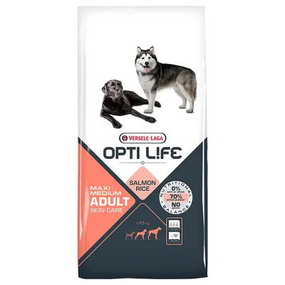 Versele-Laga Opti Life Salmon Rice Maxi Medium Adult Skin Care, 70% animal protein, 0% царевица и пшеница, за кучета над 10 кг. Видими са две кучета. Versele-Laga Opti Life Salmon Rice Maxi Medium Adult Skin Care, 70% animal protein, 0% царевица и пшеница, за кучета над 10 кг. Видими са две кучета.