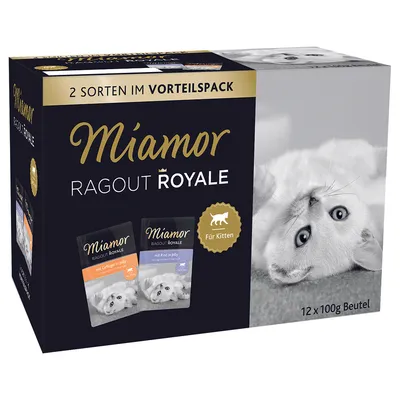 Miamor Ragout Royale säästöpakkaus kissanpennuille, 2 lajia: siipikarjaa hyytelössä ja nautaa hyytelössä, 12 x 100 g pussia.