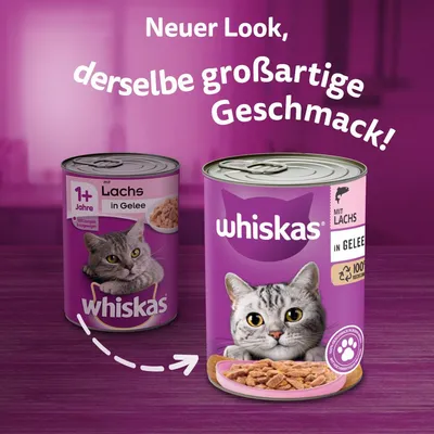 Whiskas Lachs in Gelee, neuer Look, derselbe grossartige Geschmack. Für Katzen ab 1 Jahr, 100% recycelbare Verpackung, komplett und ausgewogen.