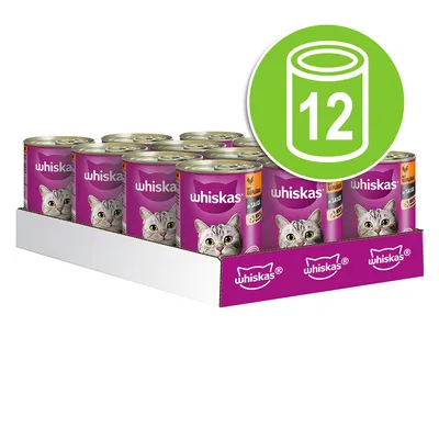 Confezione da 12 lattine di cibo per gatti Whiskas, etichetta viola con immagine di gatto e scritta 'GEFLÜGEL in SAUCE' visibile su alcune lattine.