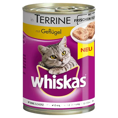 Whiskas kattenvoer in terrine met gevogelte, mit frischem Fleisch, zonder suiker, nieuw. Afbeelding van een kat en vleesblokjes op het blik zichtbaar.