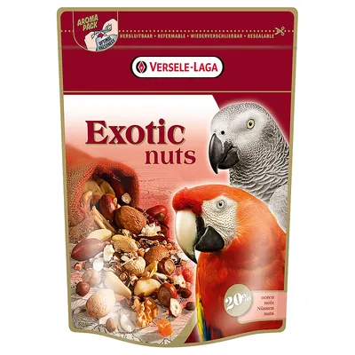 Versele-Laga Exotic Nuts, ambalaj resigilabil cu 20% nuci, potrivit pentru papagali. Aroma Pack pentru prospețime optimă.