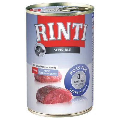 Rinti Sensible hondenvoer blik, tekst: Für empfindliche Hunde, NEU KEINE KOHLENHYDRATE, ROSS PUR, nur 1 tierisches Protein, getreidefrei. Afbeelding van rauw vlees op het etiket.