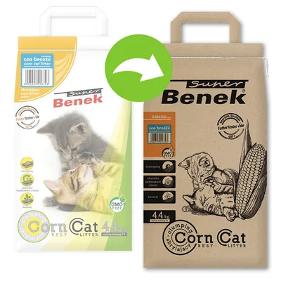 Kaksi Super Benek Corn Cat Litter -kissanhiekkapakkausta, 4,4 kg, sea breeze. Vasemmalla valkoinen pakkaus, oikealla ruskea uusi pakkaus. Molemmissa kissan ja maissin kuva.