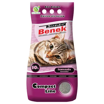 Super Benek Żwirek dla kotów, lawenda, super chłonny, granulowany, zbrylający, pojemność 10 l, Compact Line. Widoczny obraz kota i próbka żwirku na opakowaniu.