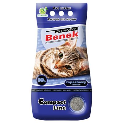 Lettiera per gatti Super Benek Compact Line, 10 L, profumata, immagine di un gatto sulla confezione. Testo visibile: Cat Litter, zapachowy scented.