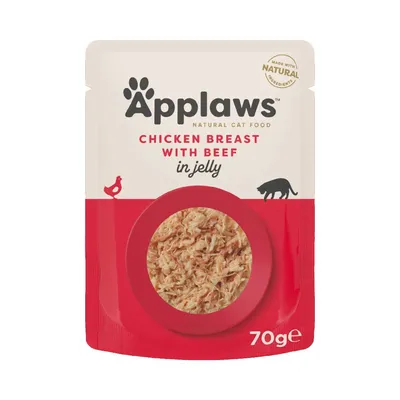 Pouch labelled chicken breast with beef in jelly, made with natural ingredients, 70g. Shredded meat visible through a circular window on the front. Pouch labelled chicken breast with beef in jelly, made with natural ingredients, 70g. Shredded meat visible through a circular window on the front.