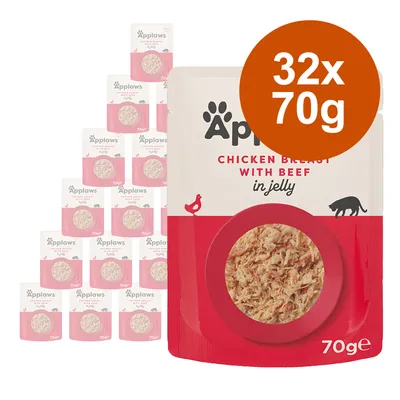 Lot de 32 sachets Applaws Chicken Breast with Beef in jelly, 70 g chacun. Texte visible : 32x70g, Applaws, Chicken Breast with Beef in jelly, 70g.