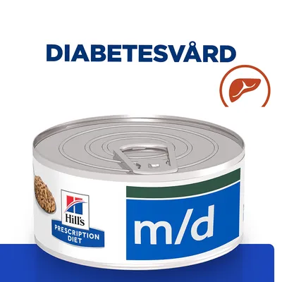 Hill's Prescription Diet m/d våtfoderburk, texten DIABETESVÅRD ovanför samt ikon med lever. Synlig Hill's-logotyp och produktnamn på burken.