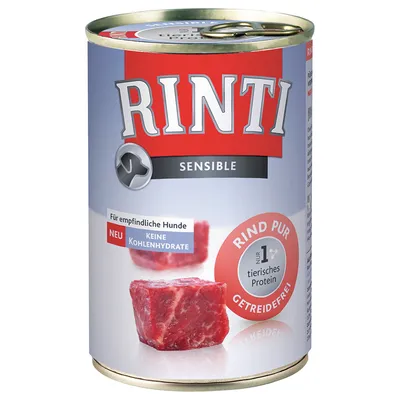 RINTI Sensible hondenvoer blik, rund puur, voor gevoelige honden, geen koolhydraten, alleen dierlijk eiwit, graanvrij. Tekst deels in het Duits: 'Für empfindliche Hunde', 'Keine Kohlenhydrate'.