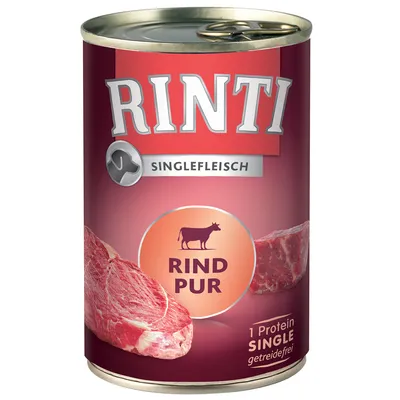 RINTI Singlefleisch Rind Pur, 1 protein, bez žitarica. Prikaz konzerve s crvenom etiketom i komadima mesa.