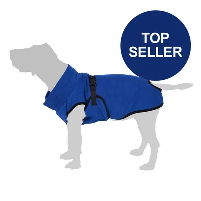 Hundemantel in Blau mit schwarzem Rand und Schnalle. Kreisförmiger Text 'Top Seller' sichtbar. Hundemantel in Blau mit schwarzem Rand und Schnalle. Kreisförmiger Text 'Top Seller' sichtbar.