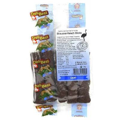 DeliBest Straußenfleisch Sticks til hunde, glutenfri. Ernæringsanalyse: protein 55 %, fedt 9,7 %, fibre 0,5 %. Pakke med 5 stk. á 10 cm. Tekst på tysk og engelsk.
