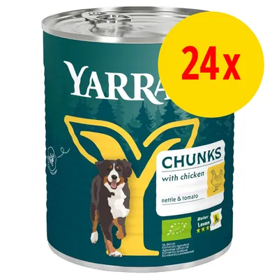 YARRA Chunks with chicken, nettle & tomato, lot de 24 boîtes. Certificat bio NL-BIO-01 et label Beter Leven 3 étoiles visibles sur l’emballage.