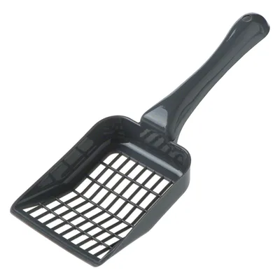 Musta muovinen kissanhiekkalapio ritiläkuviolla, helppo puhdistaa kissanhiekkaa.