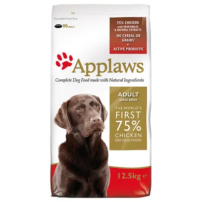 Karma Applaws dla dorosłych psów dużych ras, 12,5 kg. 75% kurczaka, bez zbóż, probiotyk, 90 posiłków. Widoczny napis: The world's first 75% chicken dry dog food.