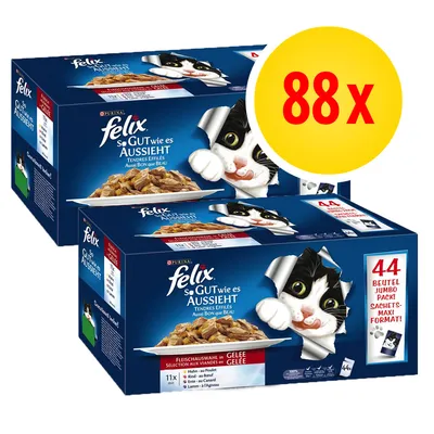 Felix se GUT wie es AUSSIEHT kattenvoer, 2 dozen van elk 44 zakjes, totaal 88x. Vleesmengeling in gelei. Tekst op verpakking in het Duits en Frans.