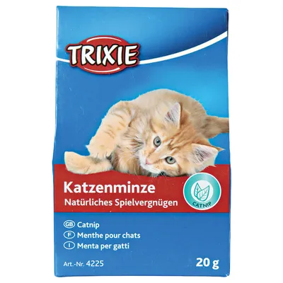TRIXIE Katzenminze, Catnip, Menthe pour chats, Menta per gatti, 20 g. Na obalu je obrázek ležícího zrzavého kotěte a symbol s nápisem CATNIP.