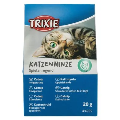 Trixie kattenkruid 20 g, stimuleert de speeldrift. Tekst in meerdere talen: catnip, invigorating, kattmynta, stimulerer katten til at lege, estimulante. #4225. Trixie kattenkruid 20 g, stimuleert de speeldrift. Tekst in meerdere talen: catnip, invigorating, kattmynta, stimulerer katten til at lege, estimulante. #4225.