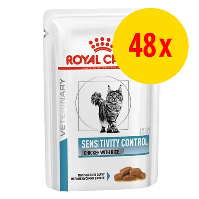 Royal Canin Sensitivity Control Chicken with Rice, 48x. VETERINARY. SENSITIVITY CONTROL. CHICKEN WITH RICE. Thin slices in gravy. Billede af kat og foderstykker på pakken.