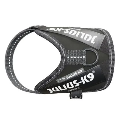 JULIUS-K9 IDC Power harnas, zwart met grijze randen, zichtbaar merknaam en tekst 'IDC by JULIUS-K9' op het harnas, metalen ring voor bevestiging.