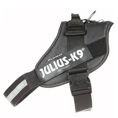 Arnês preto para cão com a marca visível JULIUS-K9 IDC® POWER, fivela de plástico e alça superior. Texto adicional: IDC by JULIUS-K9®, IDC® POWER.