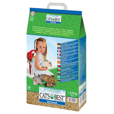 Cats Best Universal hygienická podestýlka, 5,5 kg, vhodná pro malá zvířata. Balení s informacemi o produktu v několika jazycích.