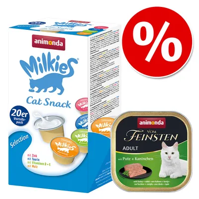 Animonda Milkies Cat Snack 20er Vorteilspack mit Zink, Taurin, Vitaminen D+E und Malz. Animonda Vom Feinsten Adult mit Pute und Kaninchen. Rotes Prozentzeichen für Rabatt.