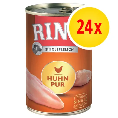 Rinti Singlefleisch Huhn Pur -kana säilykeruoka, pakkauksessa 24 tölkkiä. Etiketissä tekstit: SINGLEFLEISCH, HUHN PUR, 1 Protein SINGLE getreidefrei. Rinti Singlefleisch Huhn Pur -kana säilykeruoka, pakkauksessa 24 tölkkiä. Etiketissä tekstit: SINGLEFLEISCH, HUHN PUR, 1 Protein SINGLE getreidefrei.