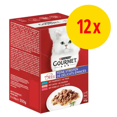Purina Gourmet mon Petit kattefoder, 12 x 50 g. Feine Streifen de Délicats Émincés med tun, laks og ørred. Nettovægt: 6 x 50 g = 300 g. Billede af hvid kat og foder på tallerken.