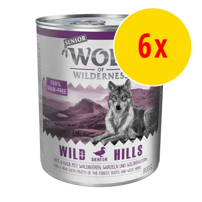 Wolf of Wilderness Senior Wild Hills våtfoder, 100% grain-free, anka & kalv med skogsbär, rötter och vilda örter, 800 g. Gul cirkel med röd text: 6x.