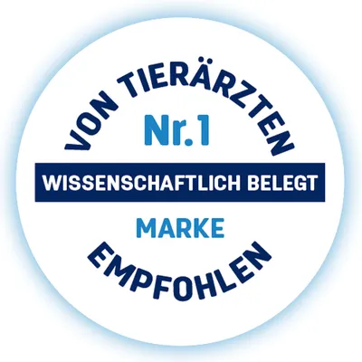 Von Tierärzten Nr.1 Wissenschaftlich belegt Marke Empfohlen (tysk tekst, mærkat med anbefaling og videnskabelig dokumentation)