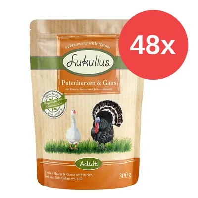 Lukullus Putenherzen & Gans, mit Gerste, Porree und Johanniskrautöl. Packungsgröße: 300g, Adult. Hinweis: 48x verfügbar. Lukullus Putenherzen & Gans, mit Gerste, Porree und Johanniskrautöl. Packungsgröße: 300g, Adult. Hinweis: 48x verfügbar.