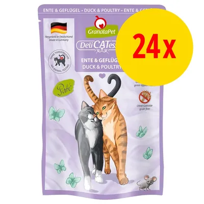 GranataPet DeliCATessen Ente & Geflügel, 24× kapsička, paté, bez obilovin, bez testování na zvířatech, vyrobeno v Německu. Ilustrace dvou koček na obalu.