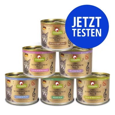 GranataPet Symphonie Katzenfutter in 6 Sorten: Rind & Geflügel, Garnelen & Truthahn, Wild & Huhn, Lachs & Pute, Huhn pur, Kalb & Geflügel. Jetzt testen.
