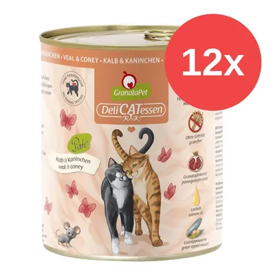GranataPet DeliCATessen Paté Kalb & Kaninchen, ohne Getreide, mit Granatapfelkernen, Lachsöl und Grünlippmuschel. 12x Dose.